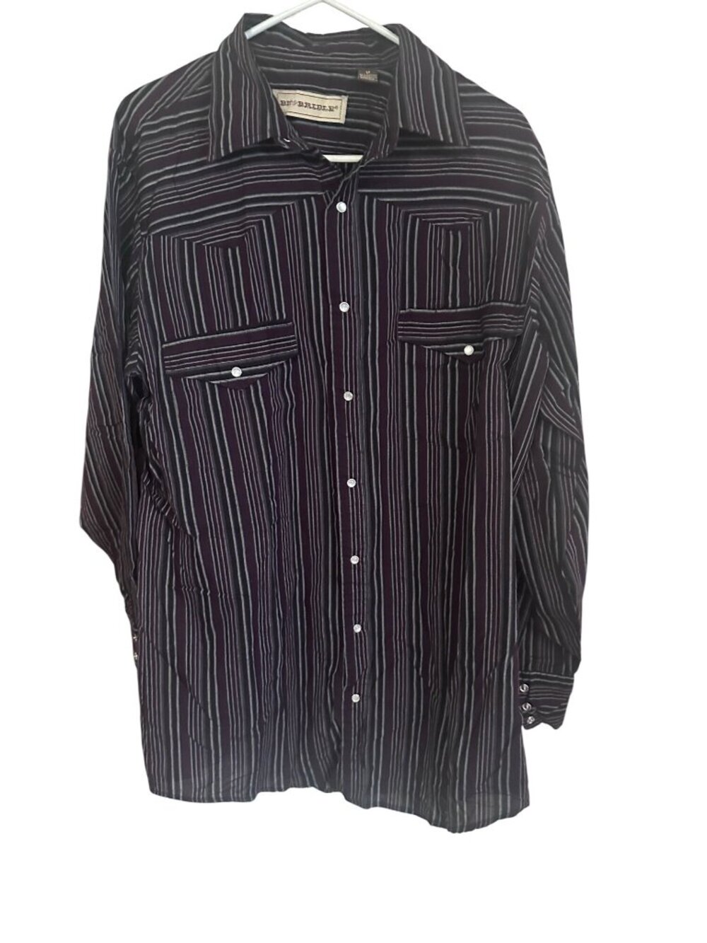 Bit & Bridle pearl snap burgundy and gray striped shirt size LT - Picture 4 of 7